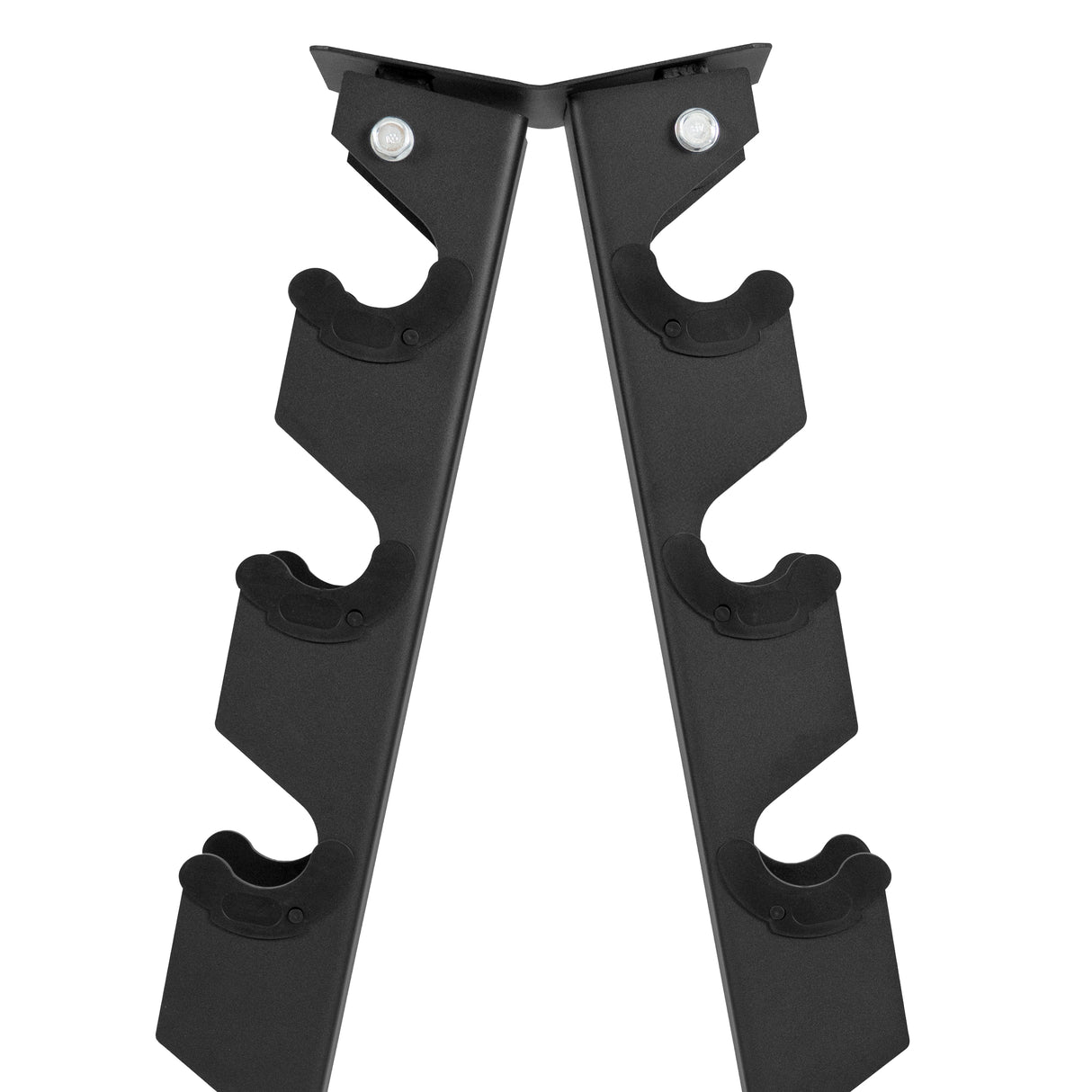 Black metal dumbbell weight rack with six tiers, featuring curved holders for secure storage and a sturdy, modern design