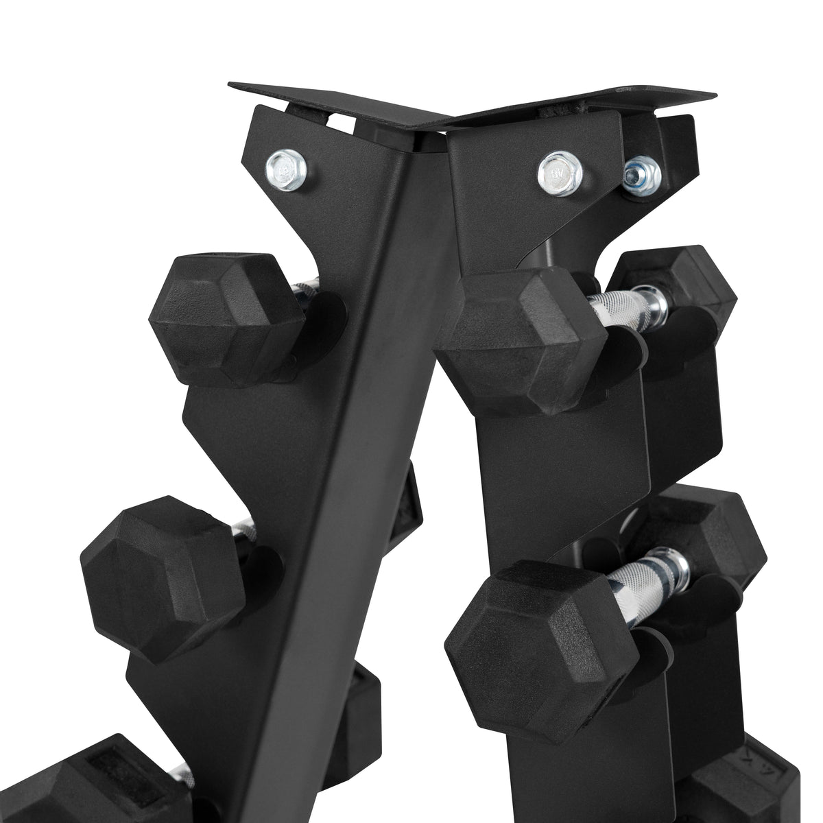 Sturdy black metal dumbbell rack with six tiers, featuring hexagonal weights securely held in place for easy access and organization