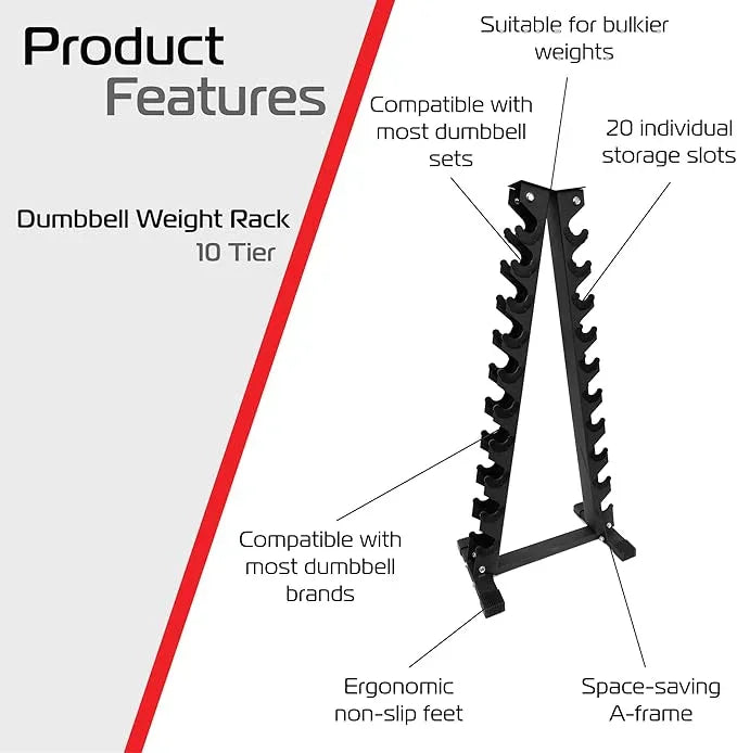 10-tier dumbbell weight rack in black metal, featuring 20 individual storage slots, ergonomic design, and space-saving A-frame shape