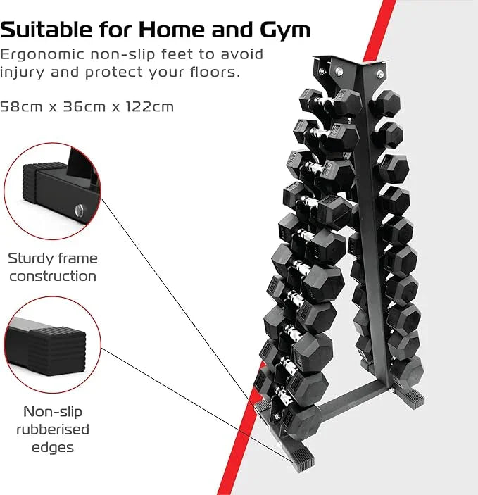 10-tier dumbbell weight rack with sturdy black frame, non-slip rubberized edges, and ergonomic feet for home or gym use