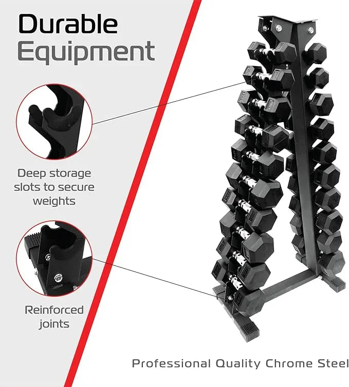 10-tier dumbbell weight rack featuring durable chrome steel, deep storage slots, and reinforced joints for secure weight organization