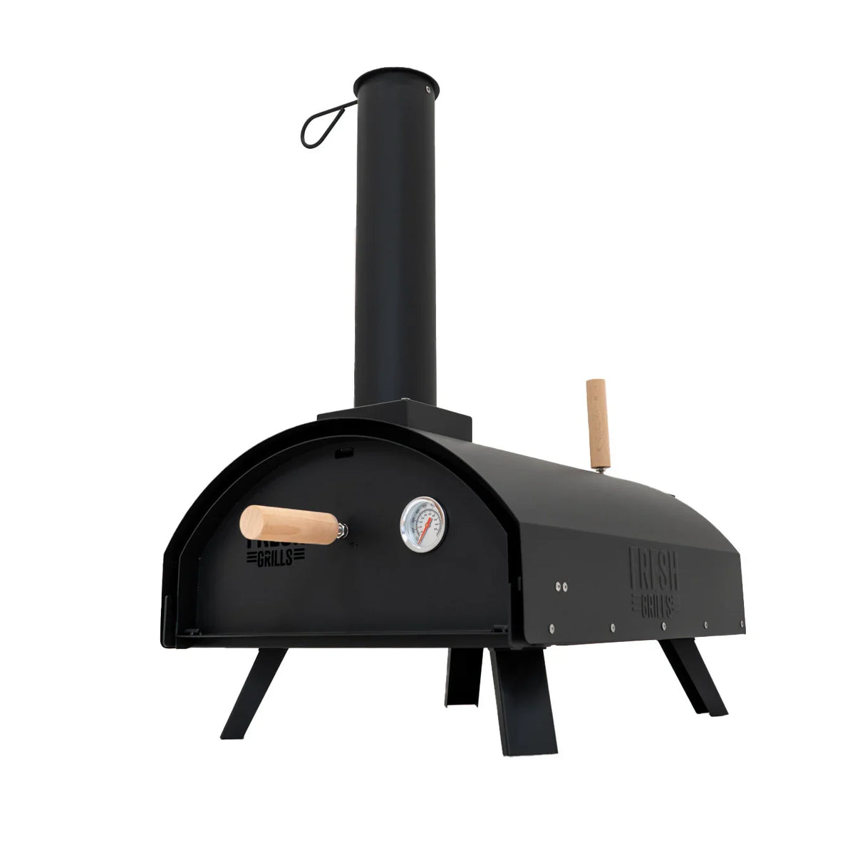 Classic outdoor pizza oven in sleek black metal, featuring a chimney, wooden handles, and a built-in thermometer for perfect cooking