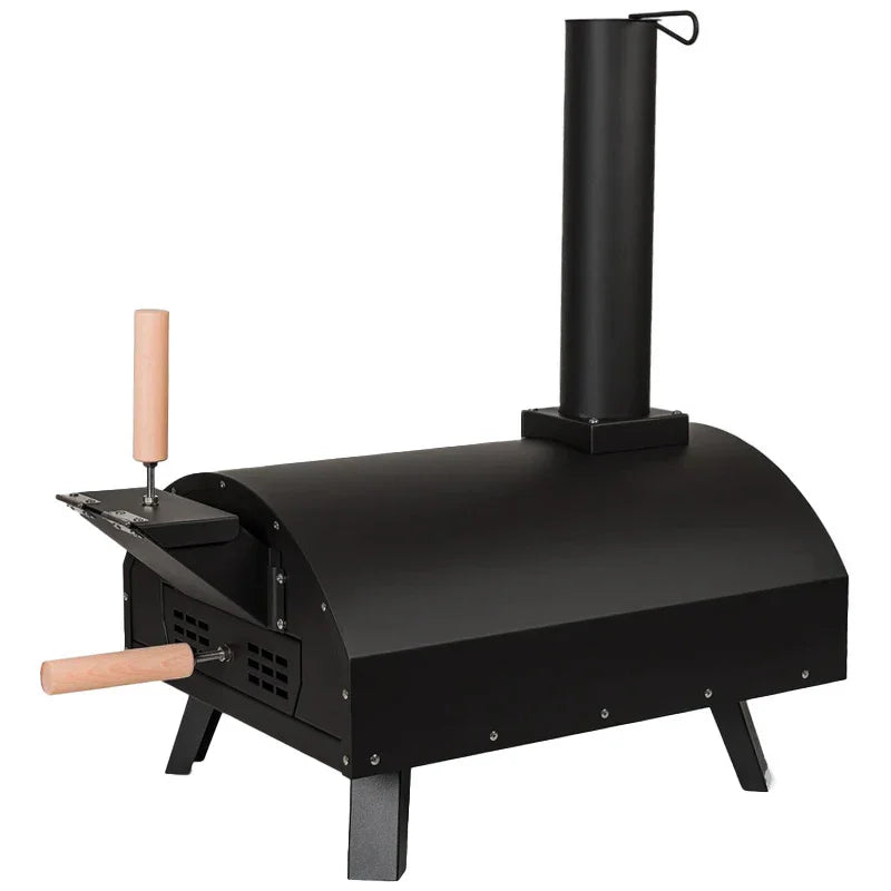 Classic outdoor pizza oven in sleek black, featuring a curved body, wooden handles, and a tall chimney for smoke ventilation