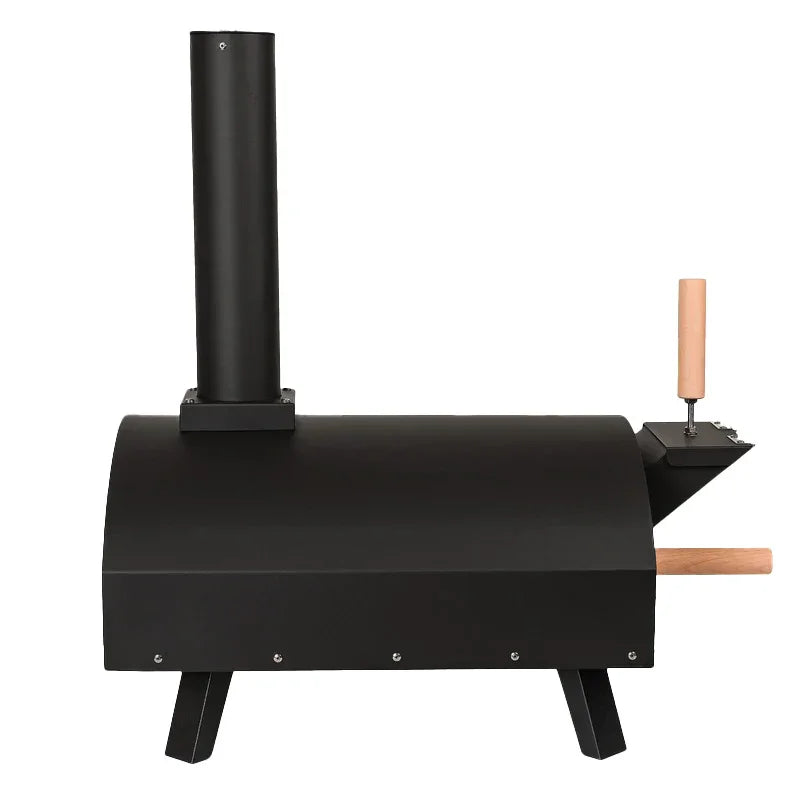 Classic outdoor pizza oven in sleek black metal with a wooden handle, chimney, and sturdy legs for stability and style