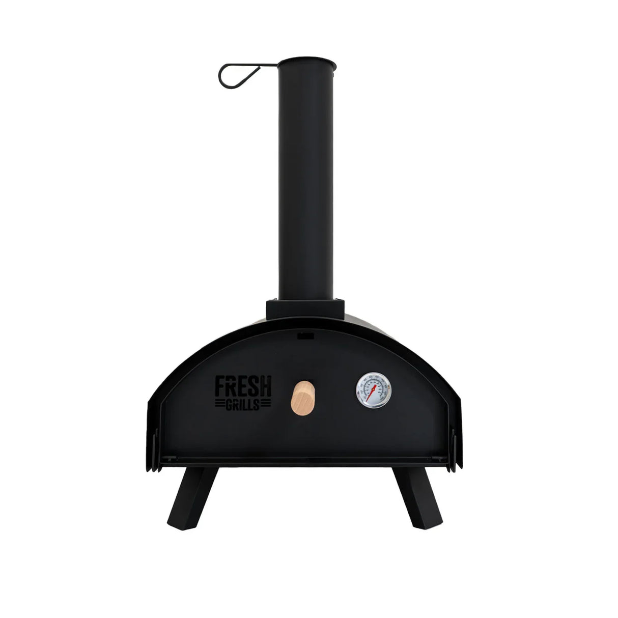 Classic outdoor pizza oven in sleek black with a chimney, front thermometer, and sturdy legs for stability and easy cooking