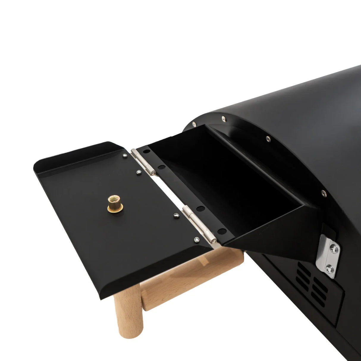 Classic outdoor pizza oven with a sleek black finish, wooden handle, and a spacious front opening for easy access and loading