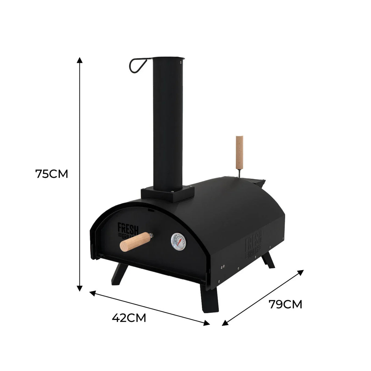 Classic outdoor pizza oven in sleek black, featuring a chimney, wooden handle, and built-in thermometer for perfect cooking