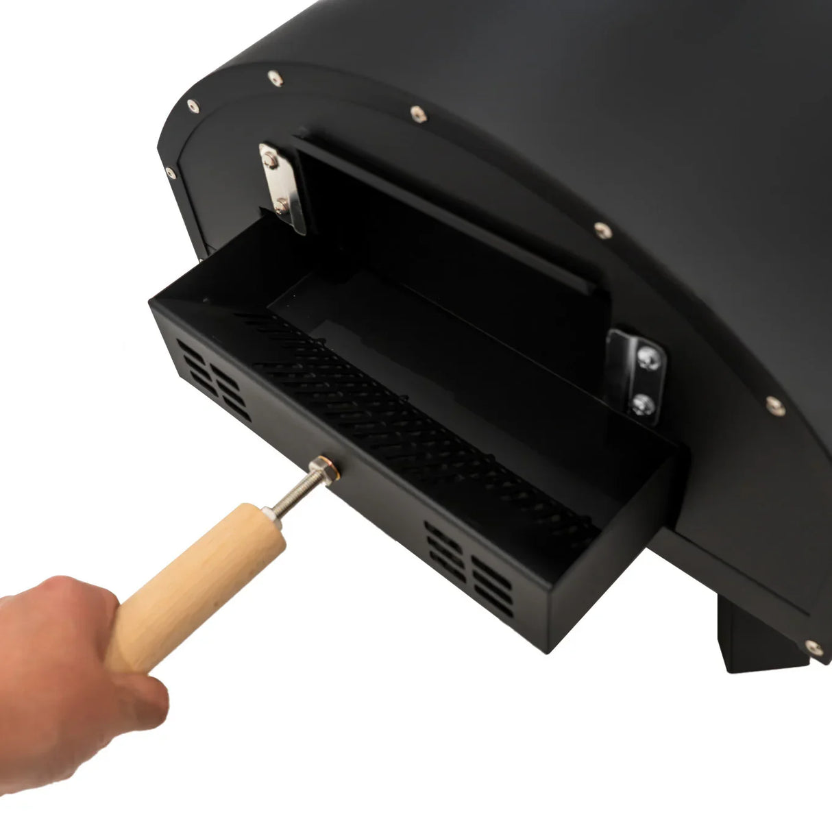 Classic outdoor pizza oven with a sleek black finish, featuring a wooden handle and a pull-out ash drawer for easy cleaning