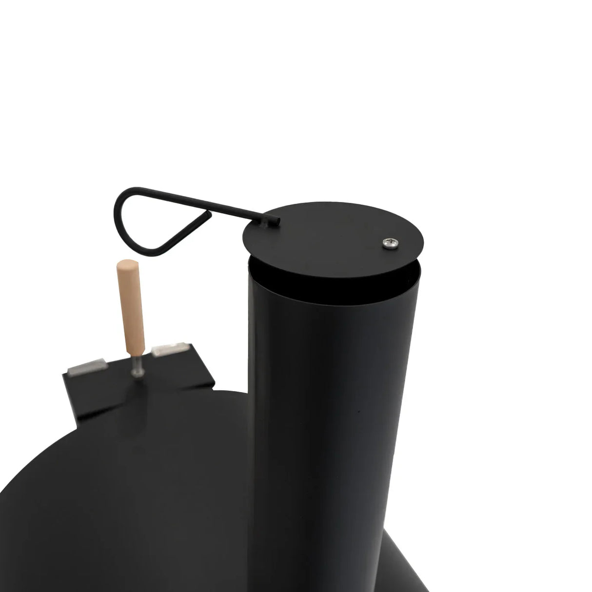 Classic outdoor pizza oven with sleek black metal finish, chimney, and wooden handle for easy access and stylish design