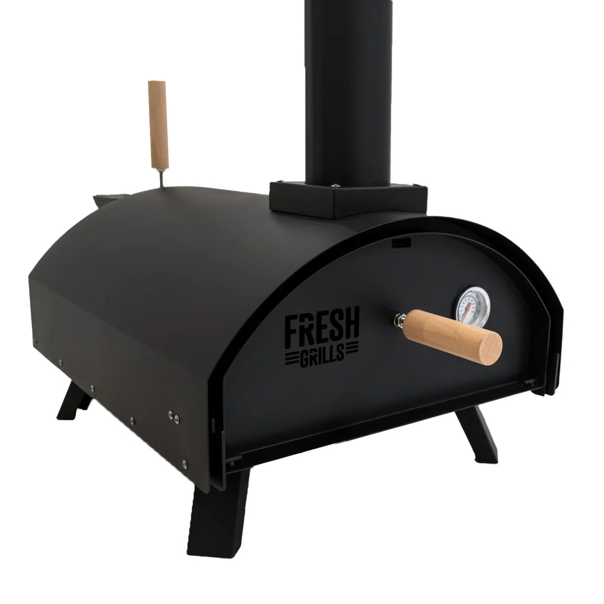 Classic outdoor pizza oven with a sleek black finish, wooden handle, and built-in thermometer for perfect cooking temperature