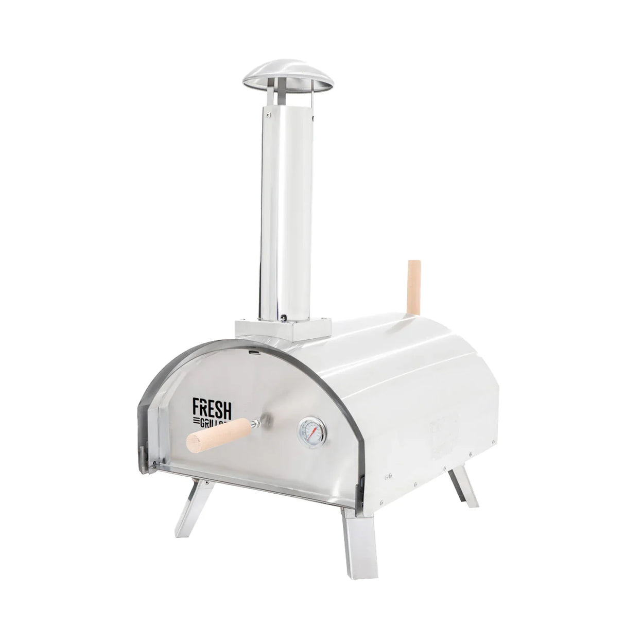 Premium outdoor pizza oven with a sleek stainless steel body, chimney, wooden handles, and a built-in thermometer for perfect cooking