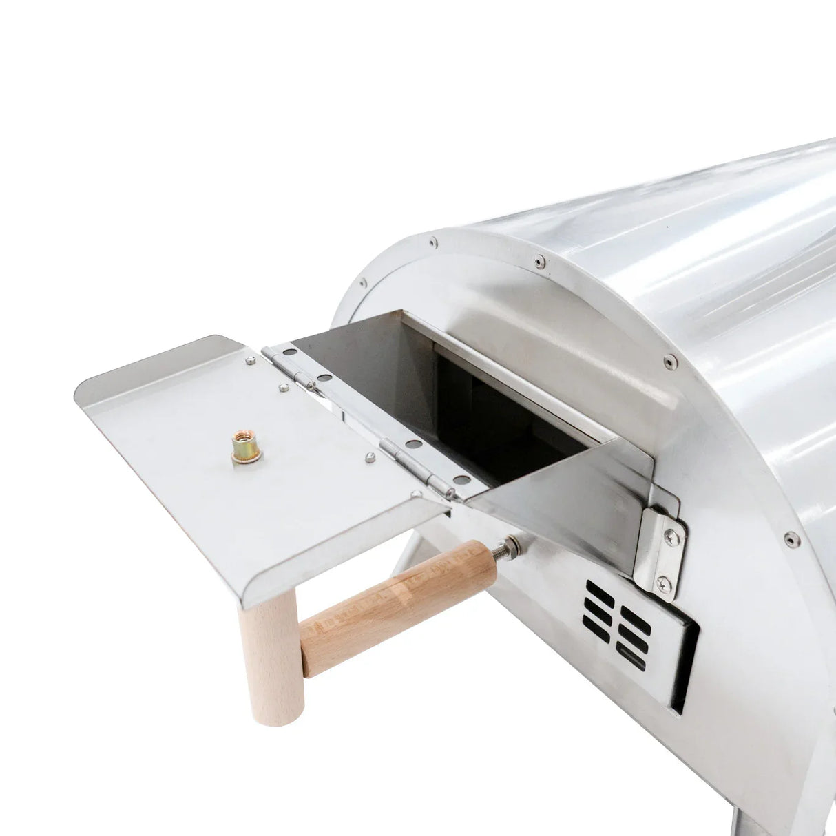 Premium outdoor pizza oven with a sleek stainless steel body, wooden handle, and a spacious opening for easy access and cooking
