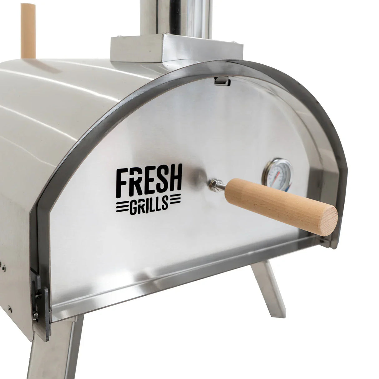 Premium outdoor pizza oven with stainless steel body, wooden handle, and built-in thermometer for perfect cooking temperature