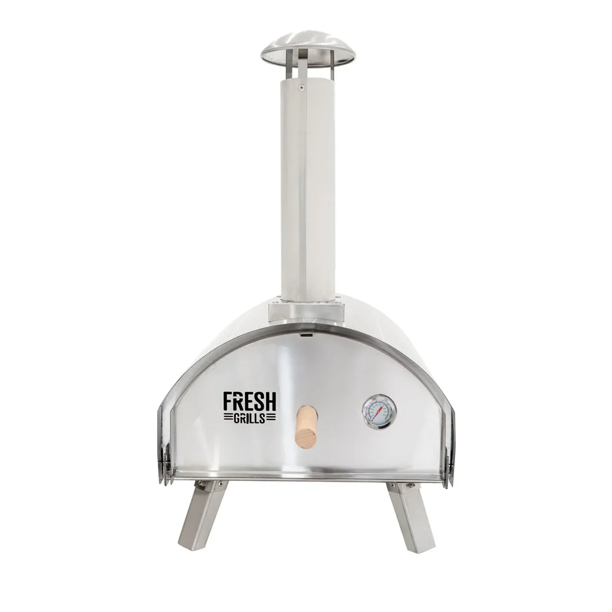 Premium outdoor pizza oven with stainless steel body, chimney, and built-in thermometer, designed for grilling delicious pizzas