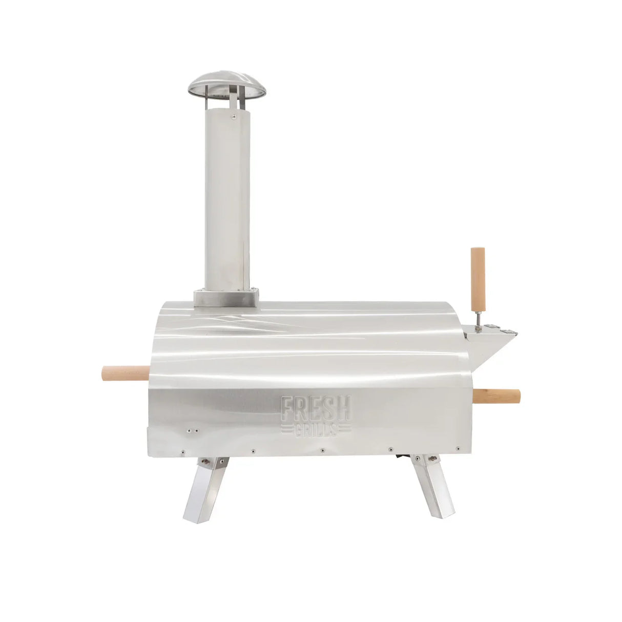Premium outdoor pizza oven in stainless steel with a chimney, wooden handle, and sturdy legs for grilling delicious pizzas