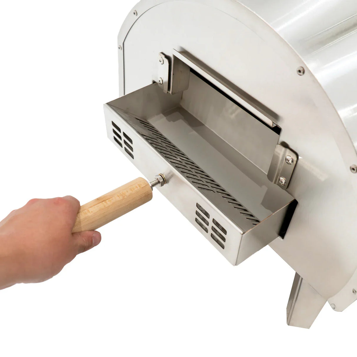 Premium outdoor pizza oven with a stainless steel finish, featuring a wooden handle and a removable ash drawer for easy cleaning