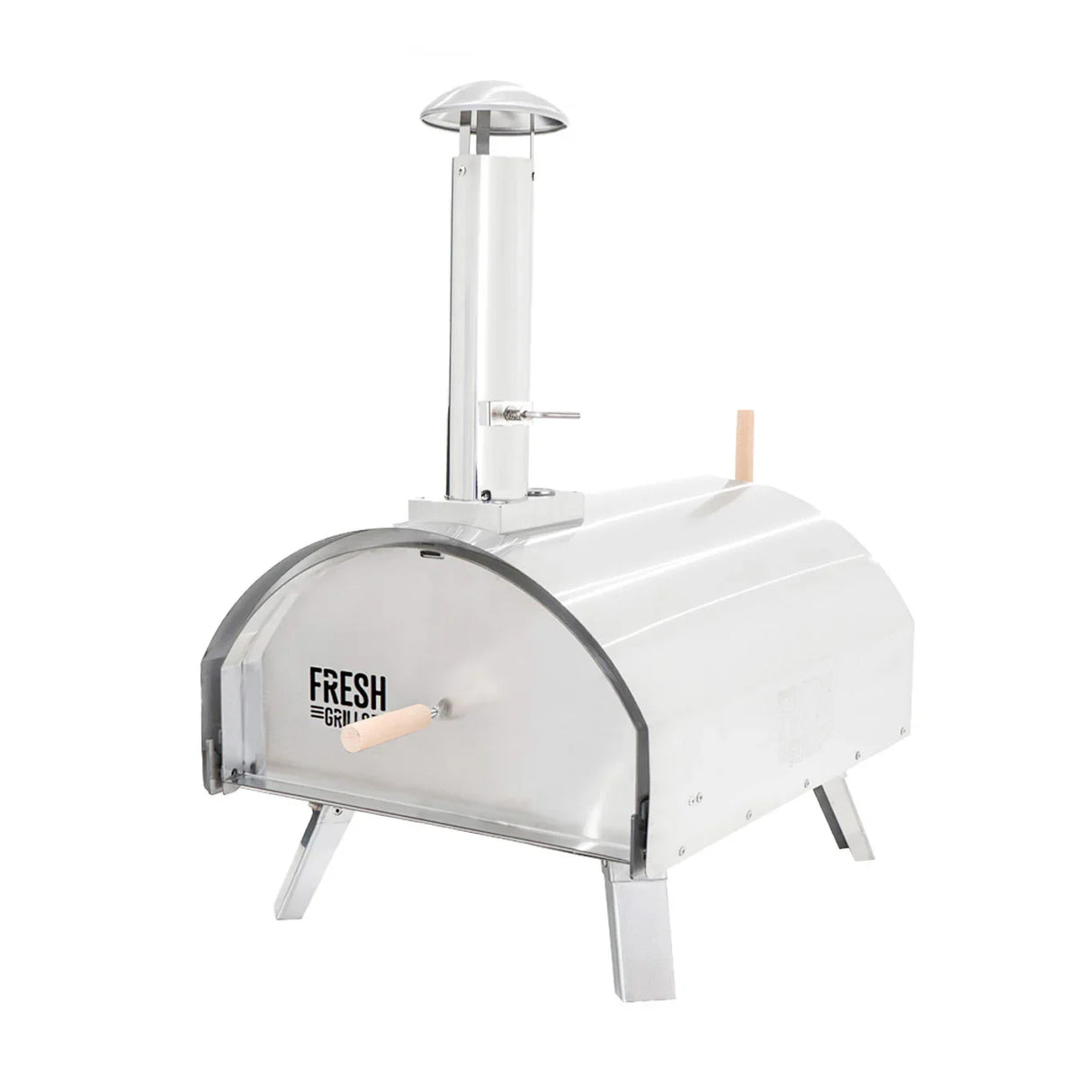 Extra large premium outdoor pizza oven with a sleek stainless steel body, chimney, and sturdy legs for stability and durability