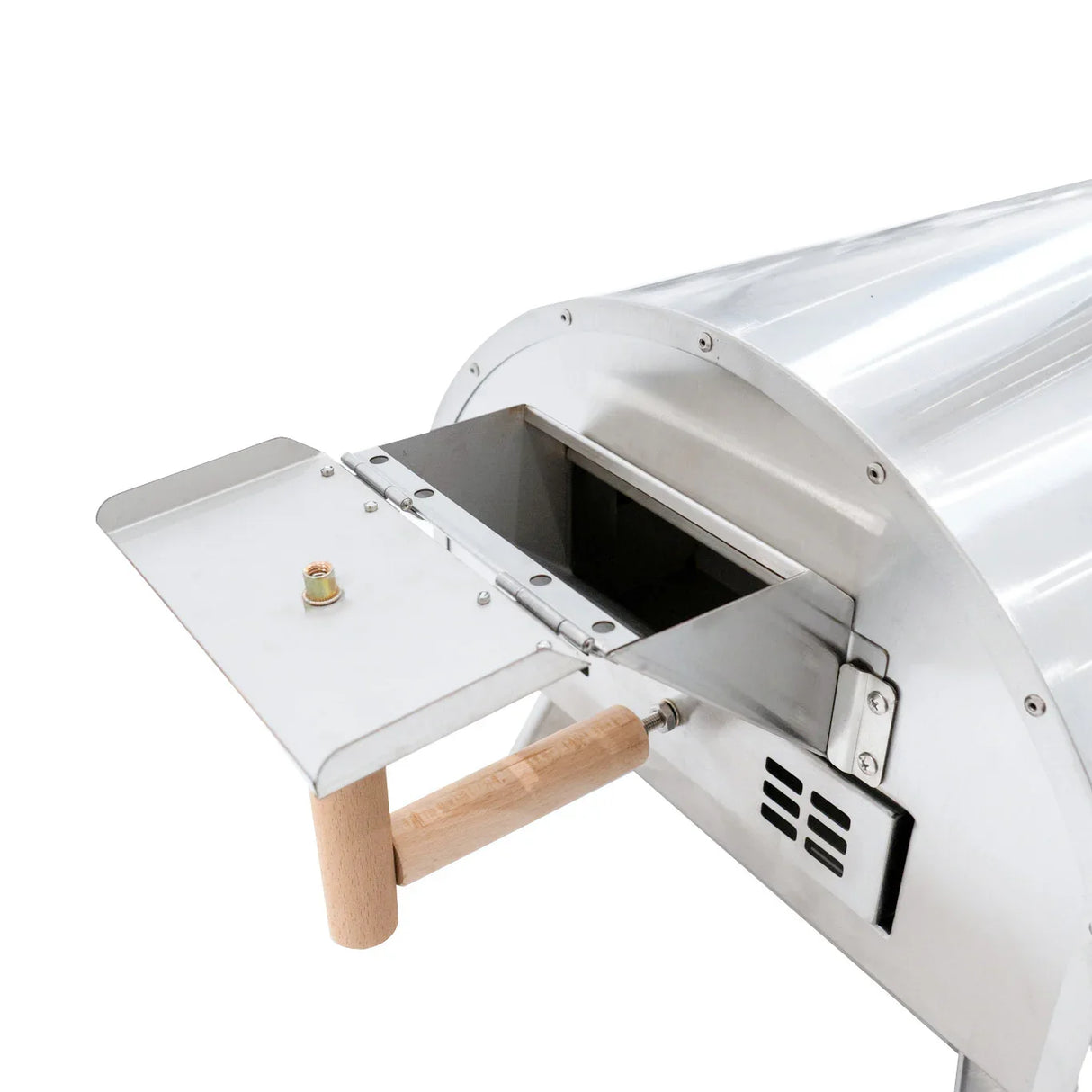 Extra large premium outdoor pizza oven with a sleek stainless steel finish, wooden handle, and a spacious opening for easy access