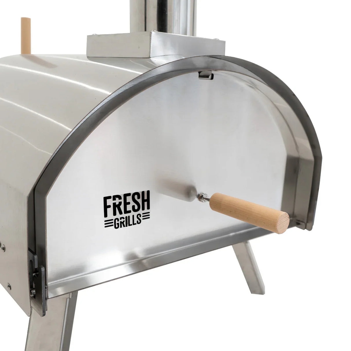 Extra large stainless steel outdoor pizza oven with a sleek curved design, wooden handle, and the Fresh Grills logo prominently displayed