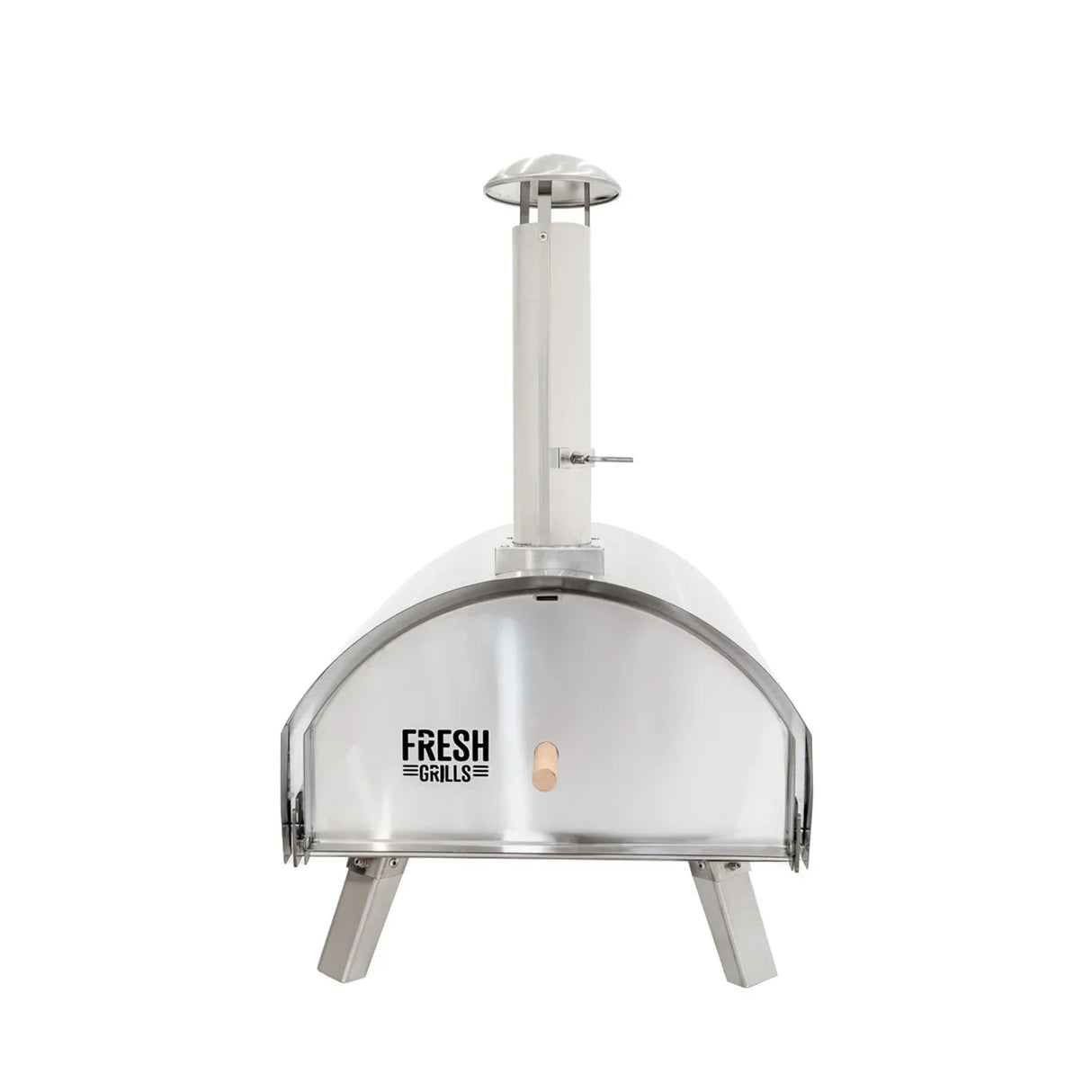Extra large stainless steel outdoor pizza oven with a sleek dome shape, chimney, and sturdy legs for stability and durability