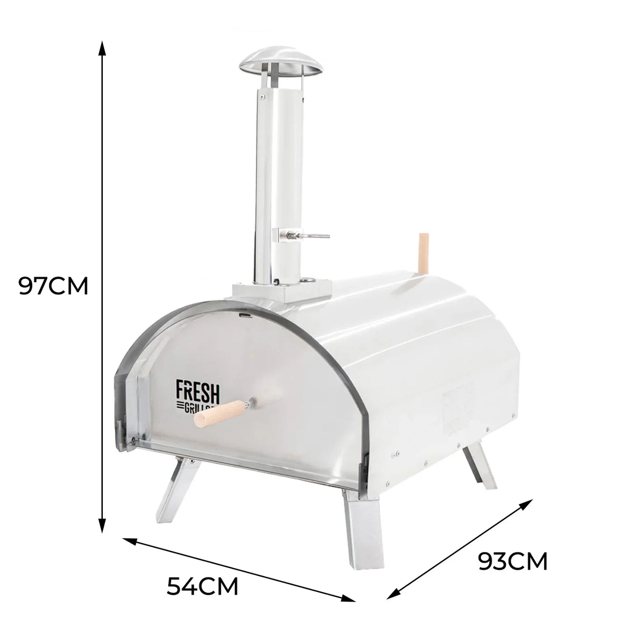 Extra large premium outdoor pizza oven in stainless steel with a sleek curved design, chimney, and wooden handles for easy use