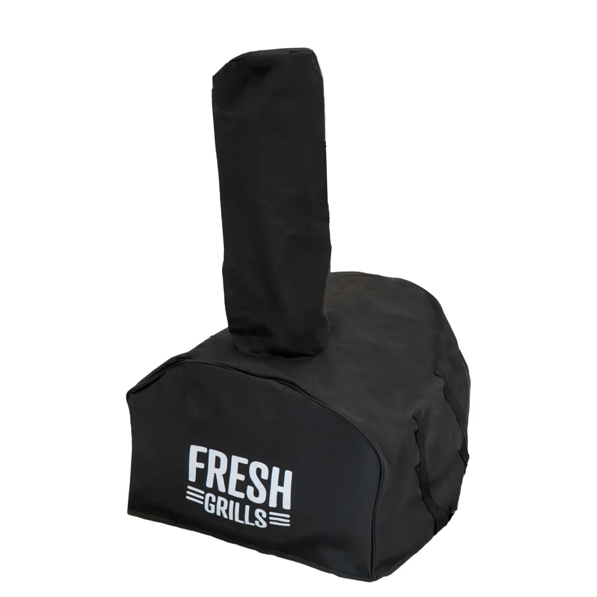 Extra large black protective cover for Fresh Grills outdoor pizza oven, featuring a chimney opening and bold white logo