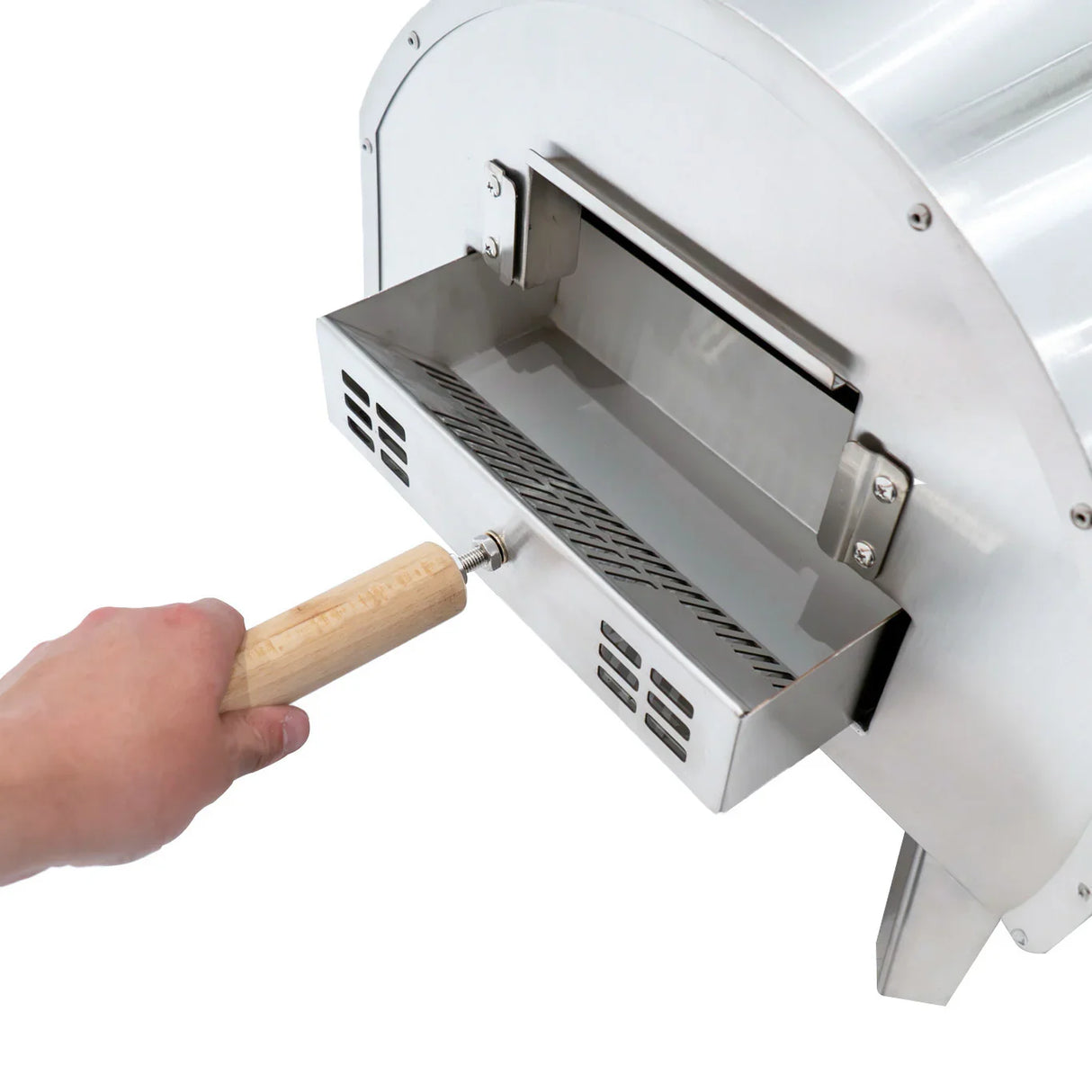 Extra large premium outdoor pizza oven with a stainless steel finish, featuring a wooden handle and a removable ash drawer for easy cleaning