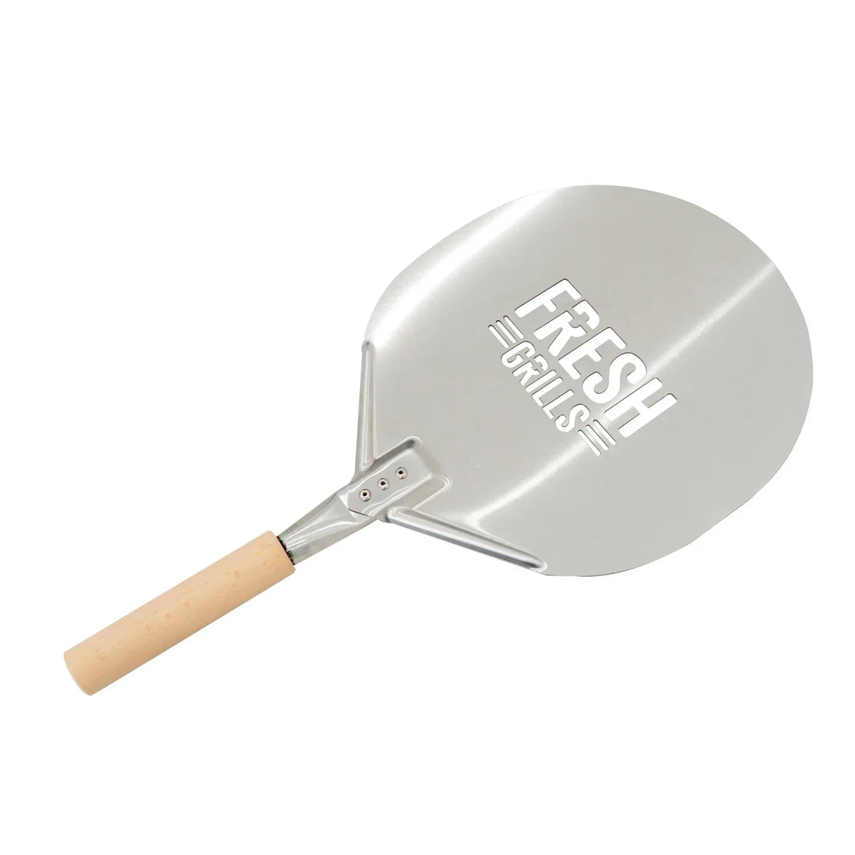 Stainless steel pizza peel with a wooden handle, featuring the Fresh Grills logo, ideal for transferring pizzas in outdoor ovens