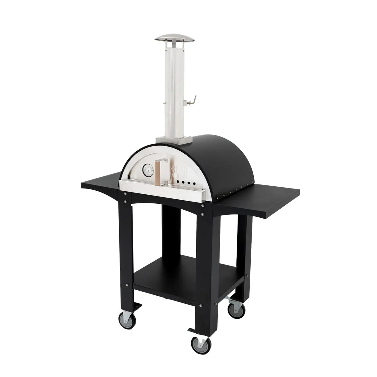 Extra large black free-standing pizza oven with stainless steel chimney and prep stations, featuring sturdy wheels for mobility
