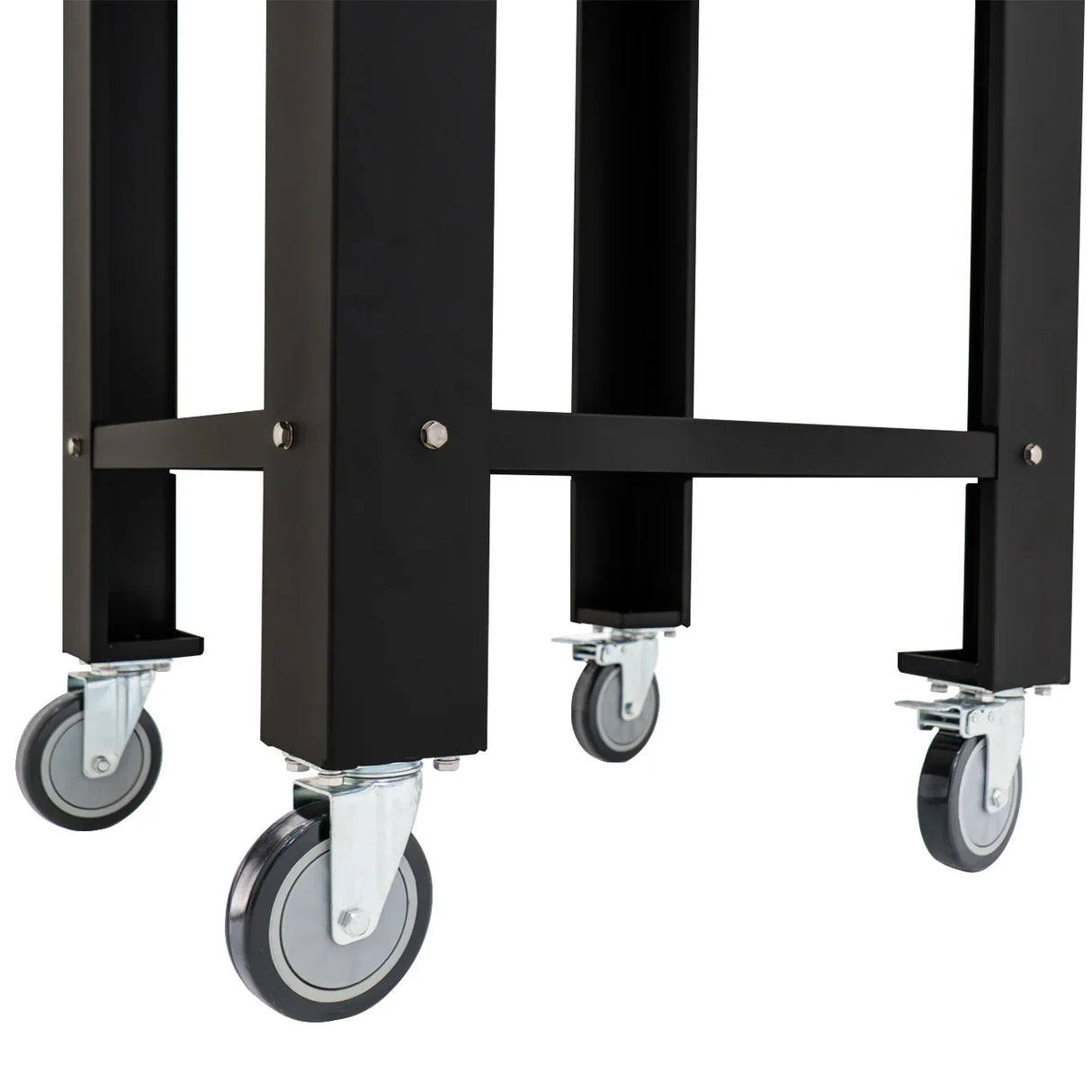 Sturdy black metal frame with smooth-rolling wheels, designed for the Fresh Grills Extra Large Pizza Oven and prep stations