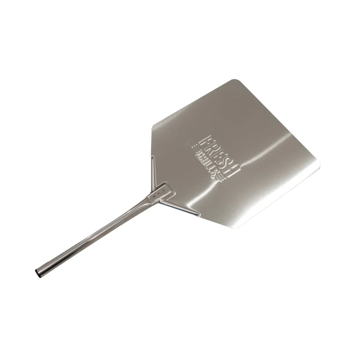 Stainless steel pizza peel with a wide, flat surface and long handle, designed for transferring pizzas in a large outdoor oven