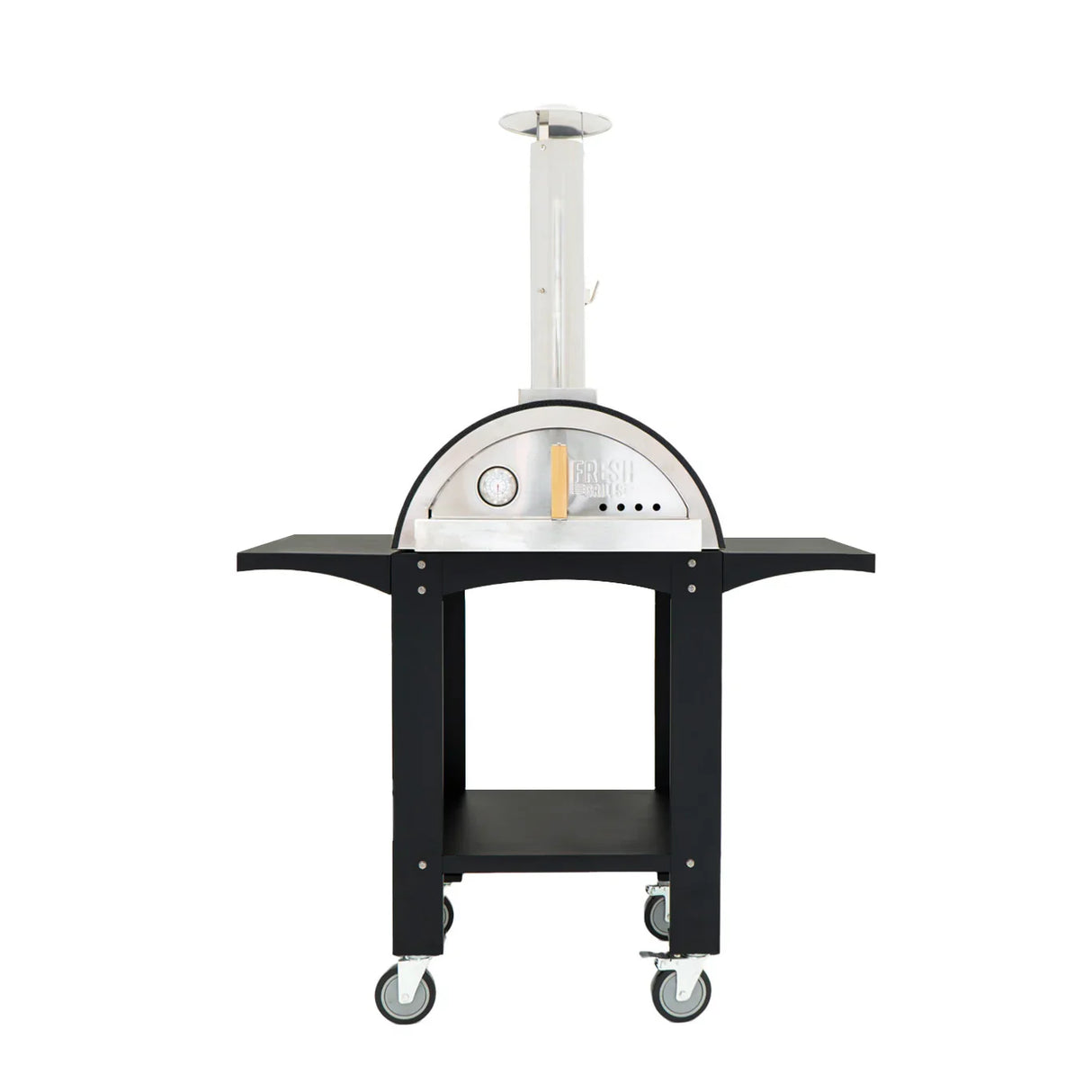 Extra large free-standing pizza oven with stainless steel dome, wooden handle, and black prep stations on rolling wheels