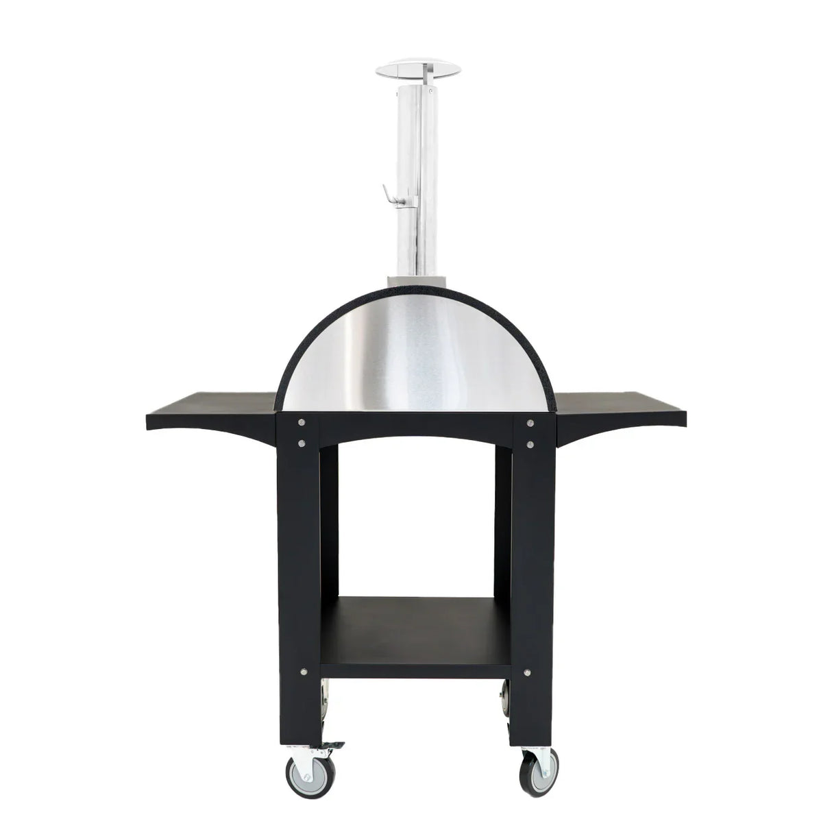 Extra large free-standing pizza oven with stainless steel dome, black prep stations, and sturdy wheels for easy mobility