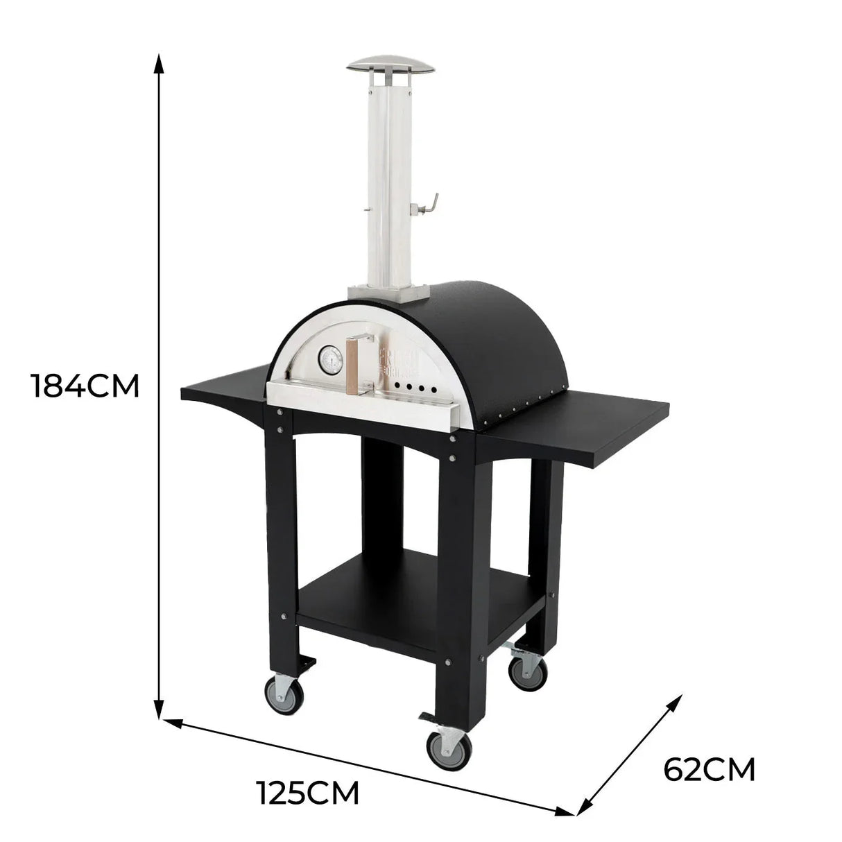 Extra large black pizza oven with stainless steel chimney, two prep stations, and sturdy wheels for easy mobility, measuring 184cm tall