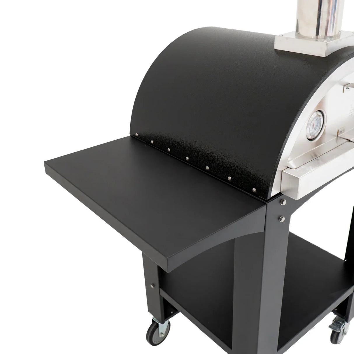 Extra large black pizza oven with stainless steel accents, featuring a sturdy prep station and convenient wheels for mobility