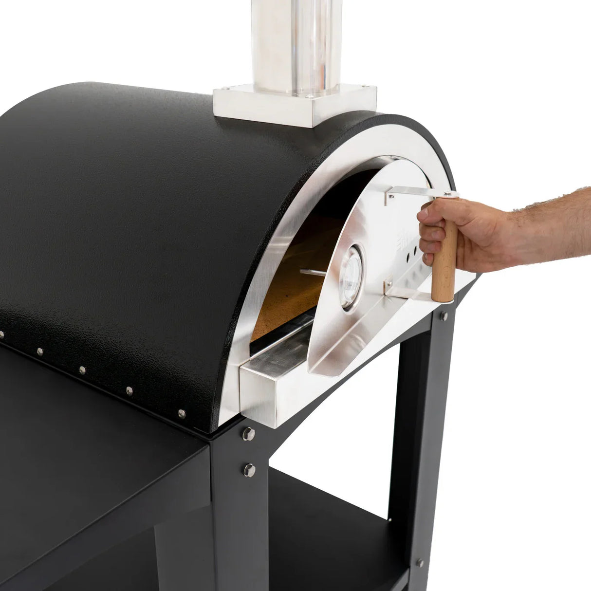 Free standing extra large pizza oven with a sleek black finish, stainless steel door, and wooden handle for easy access