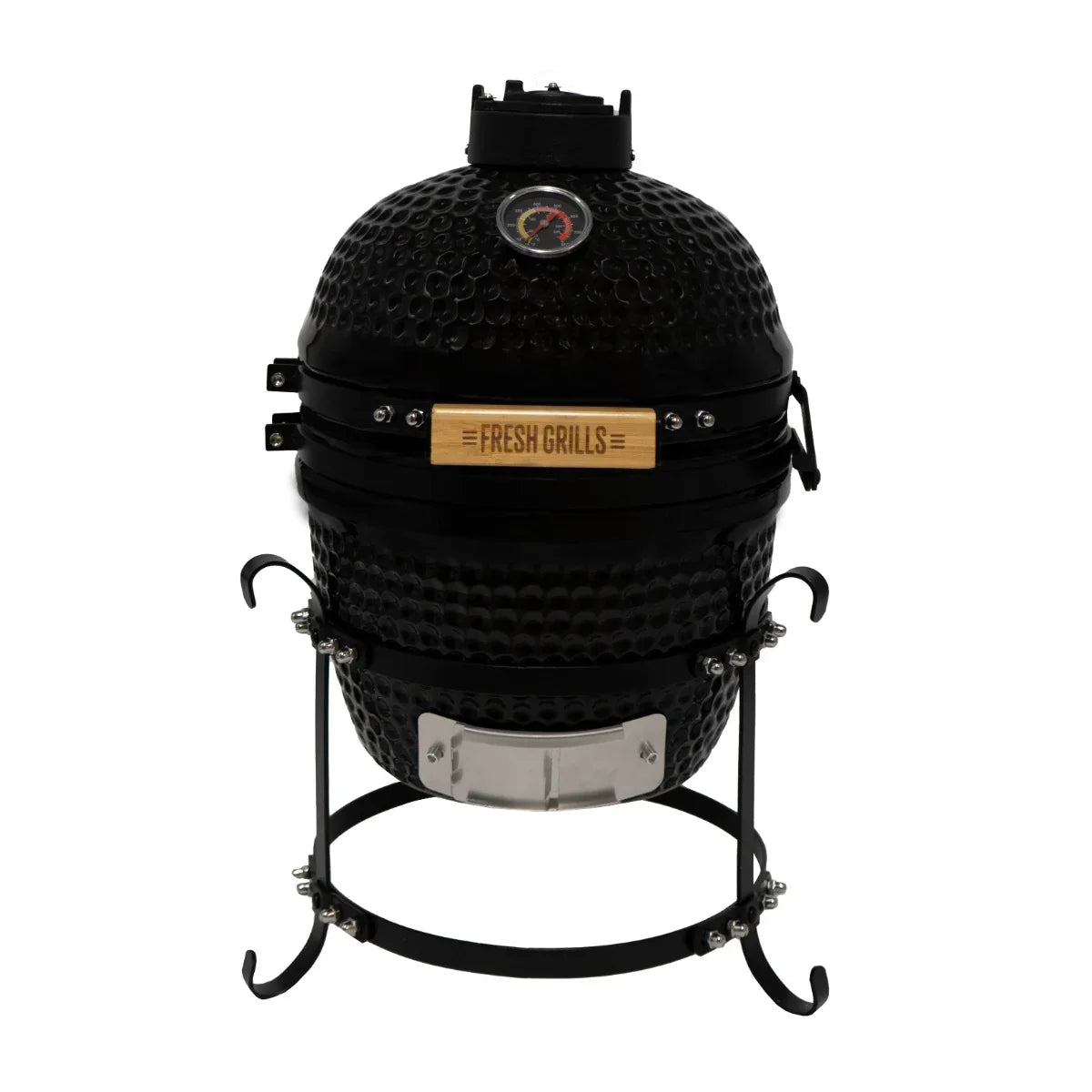 Fresh Grills 13" Kamado BBQ Oven in glossy black with textured surface, metal stand, and wooden handle for grilling and smoking