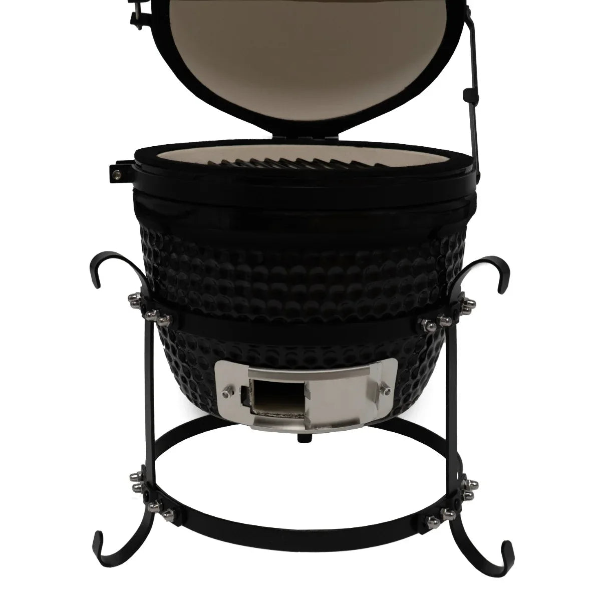 Black ceramic 13" Kamado BBQ oven with a textured surface, open lid revealing a grilling grate and sturdy metal stand