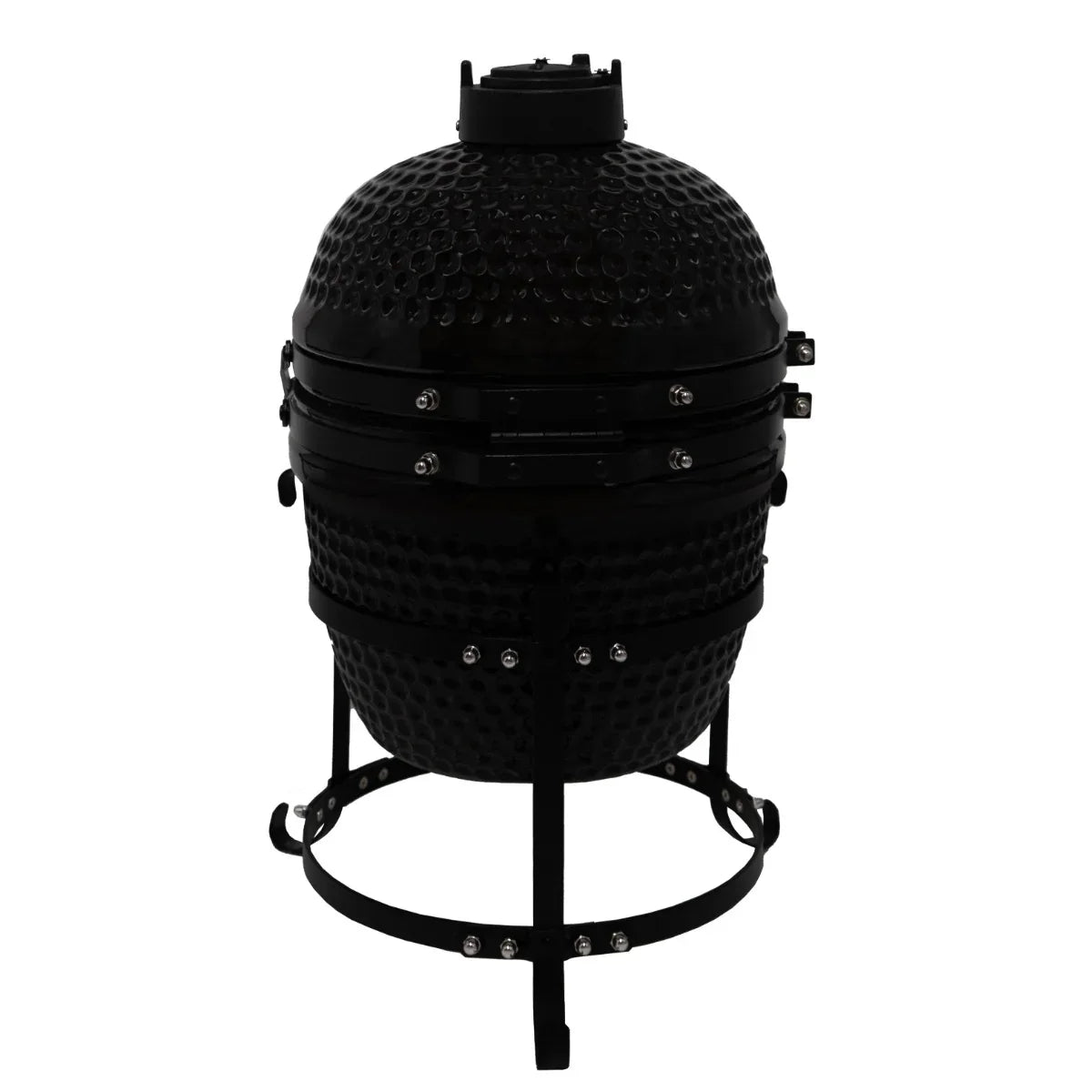 Black 13" Kamado BBQ oven with a textured surface, sturdy metal stand, and adjustable top vent for optimal grilling performance