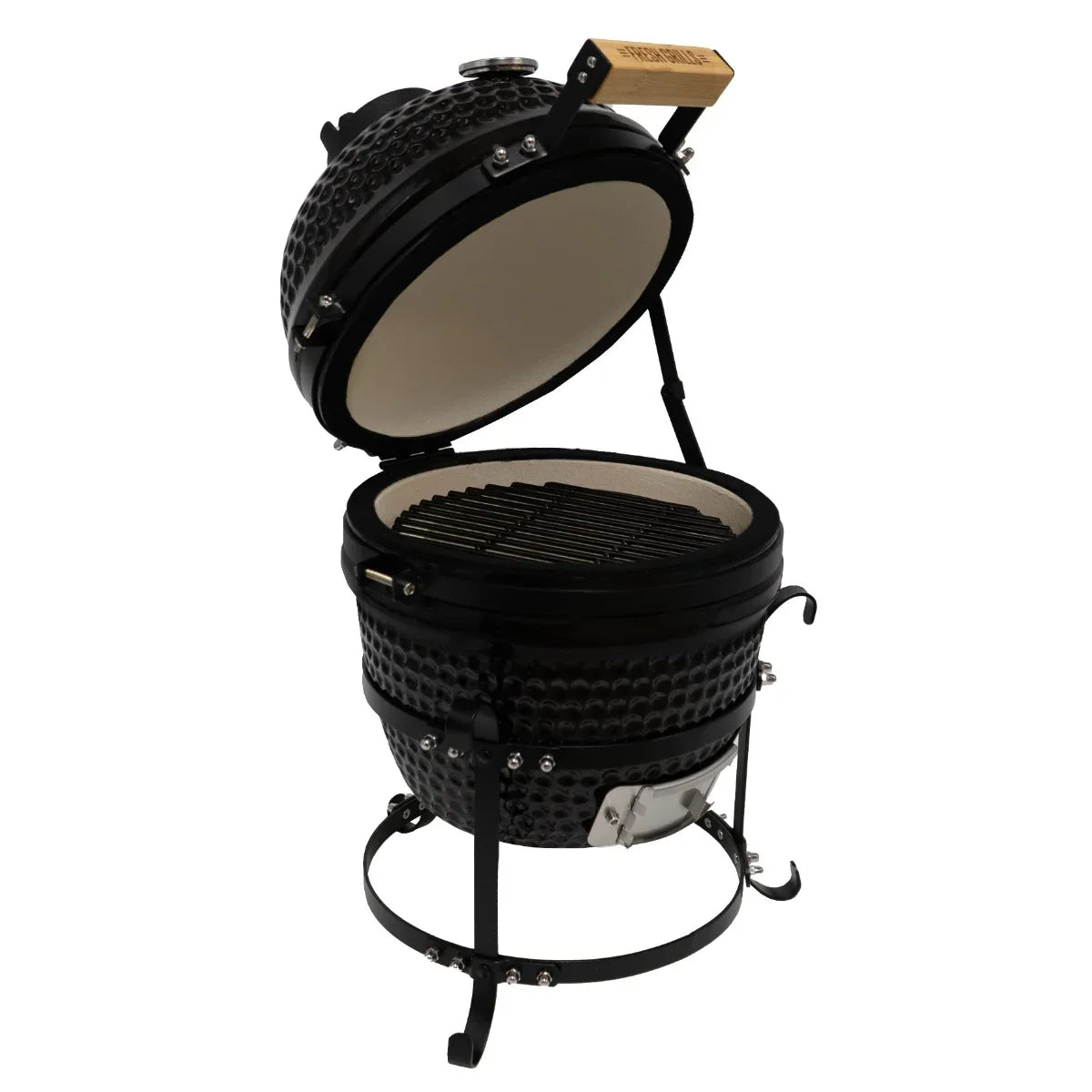 Fresh Grills 13" Kamado BBQ Oven in black ceramic with a domed lid, stainless steel grill grates, and sturdy metal stand