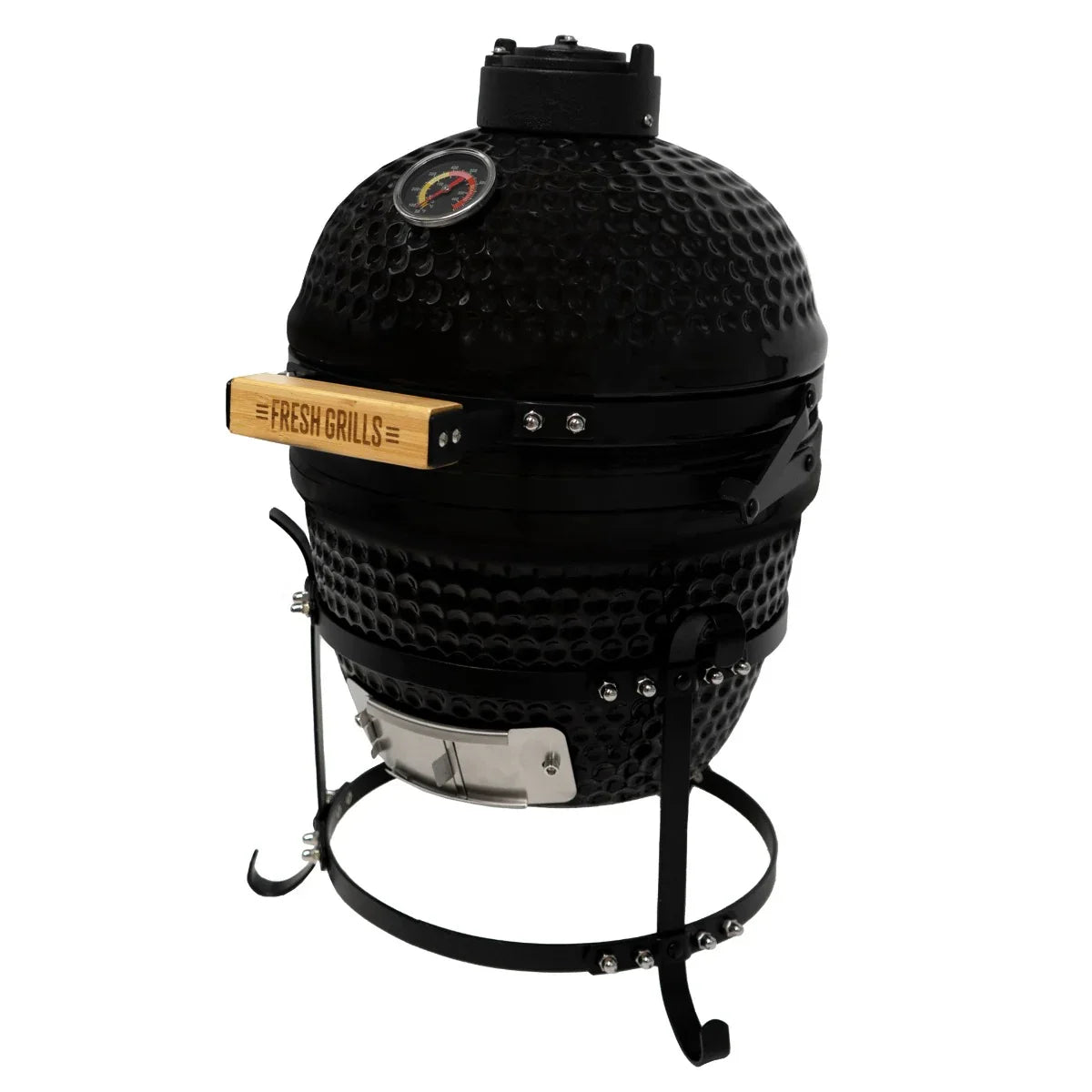 Black 13" Kamado BBQ oven with a textured surface, wooden handle, and built-in thermometer, ideal for grilling and smoking