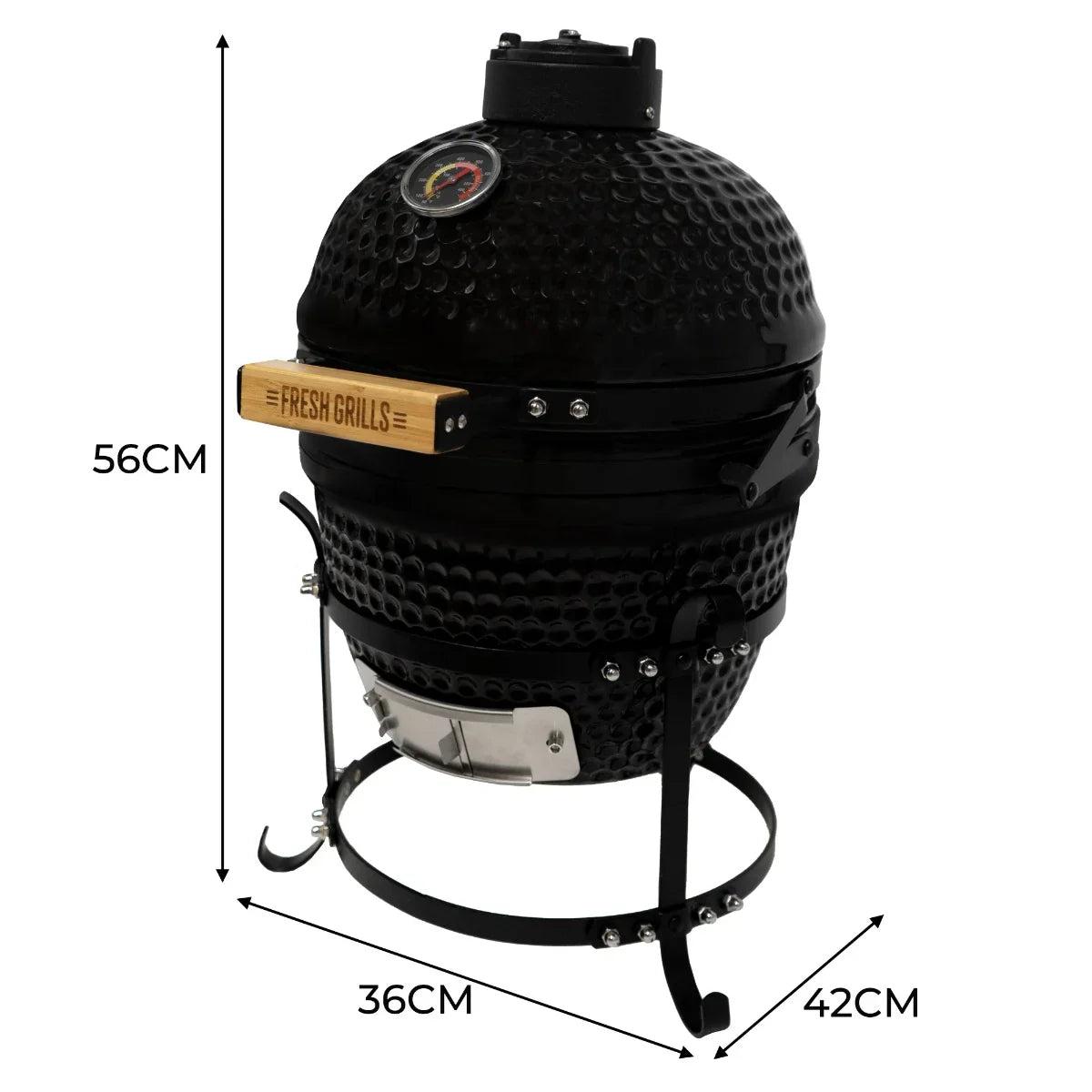 Fresh Grills 13" Kamado BBQ Oven in black with textured surface, wooden handle, and built-in thermometer for outdoor cooking