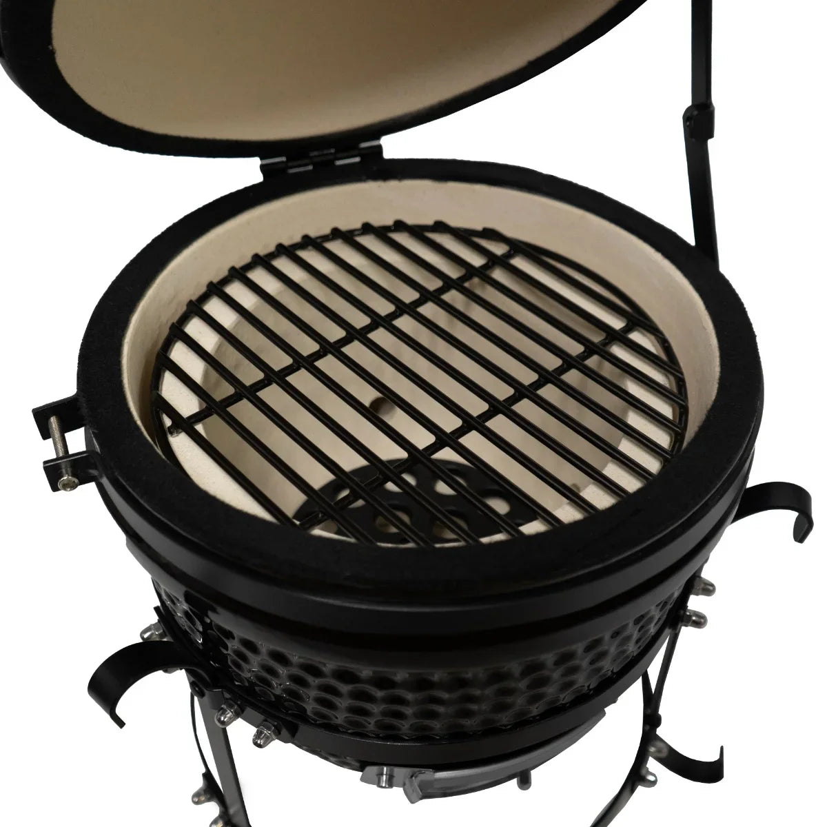 13" Kamado BBQ oven with a black exterior, ceramic interior, and a removable metal grill grate for versatile cooking options