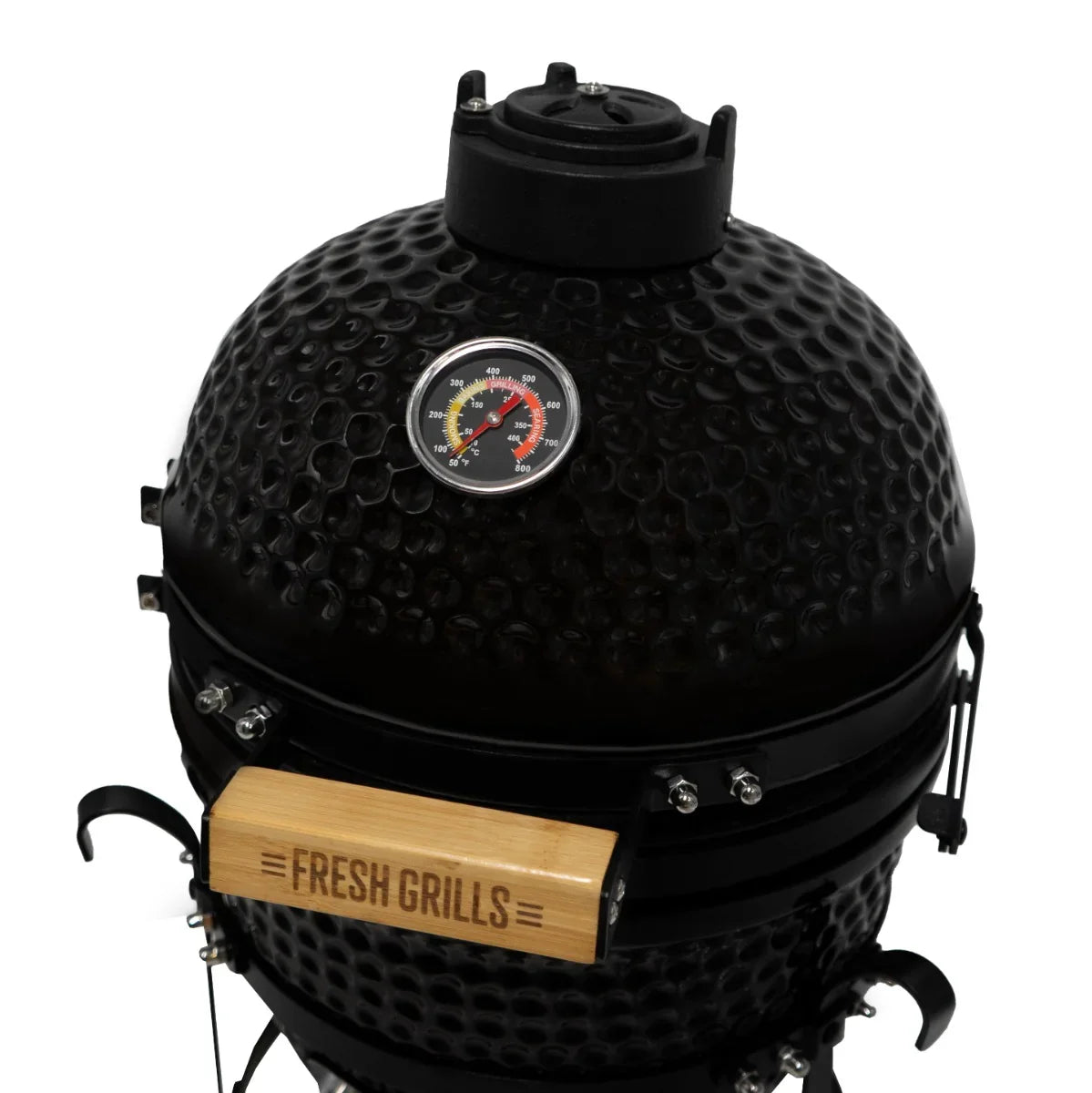 Fresh Grills 13" Kamado BBQ Oven with a glossy black ceramic finish, wooden handle, and built-in thermometer for precise cooking