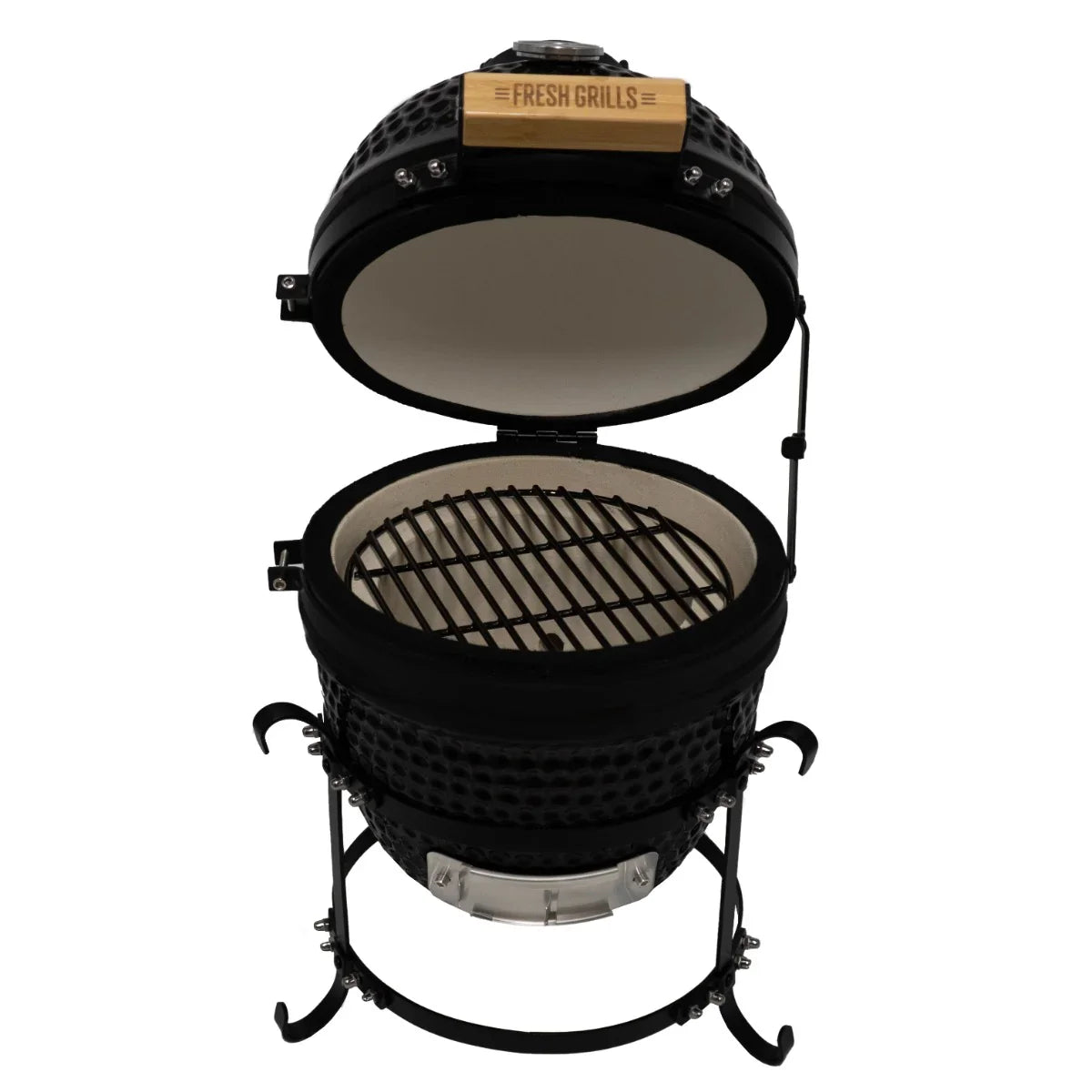 Fresh Grills 13" Kamado BBQ Oven with a black ceramic body, open lid, and stainless steel grill grates inside for grilling versatility
