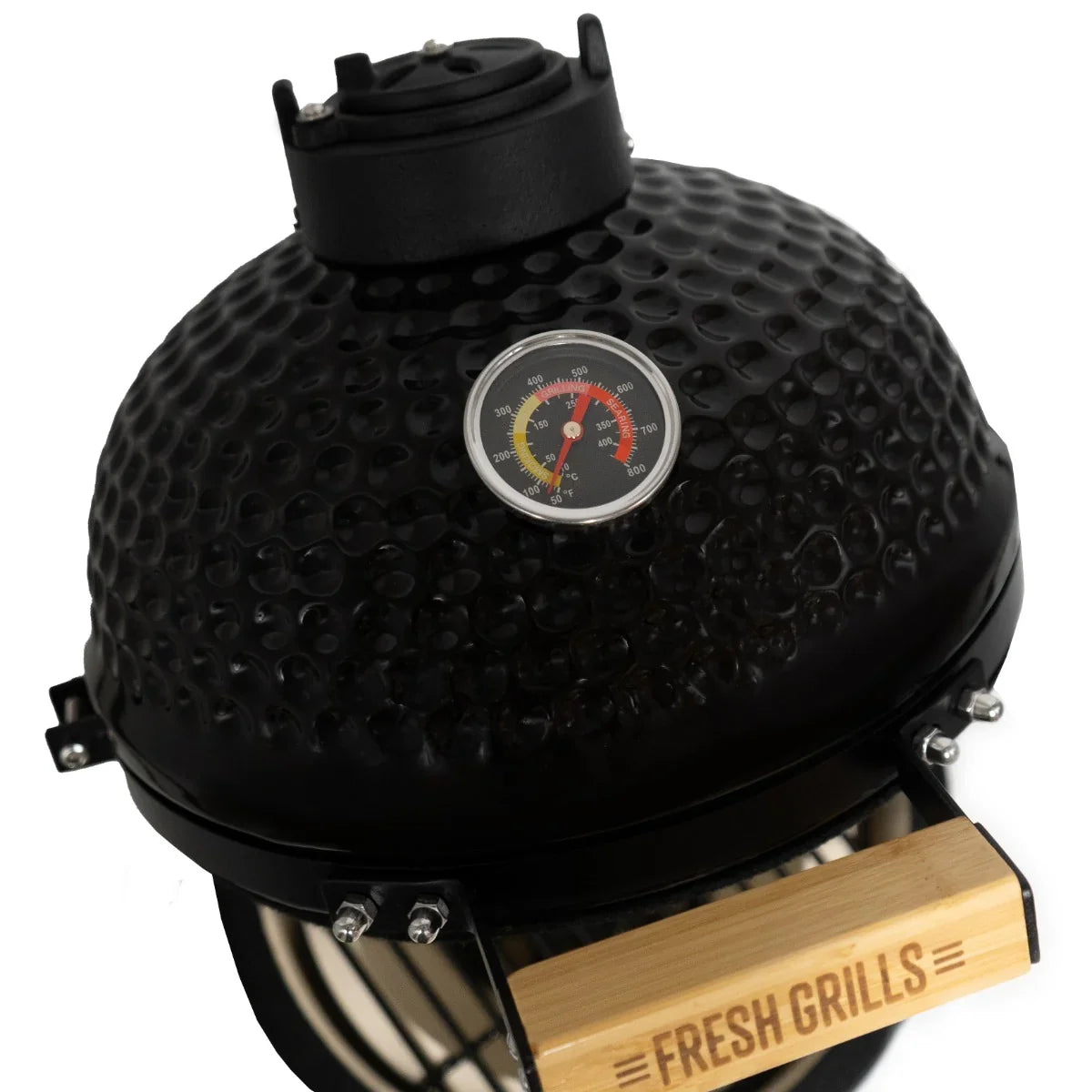 Black ceramic 13" Kamado BBQ oven with textured dome, bamboo handle, and built-in thermometer for precise cooking control