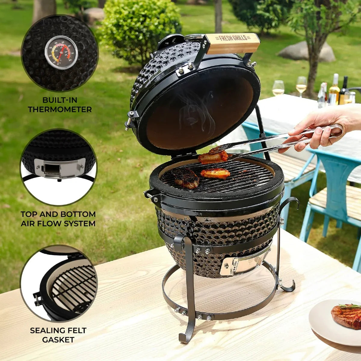 Fresh Grills 13" Kamado BBQ Oven with a built-in thermometer, black ceramic finish, and adjustable air flow for optimal grilling