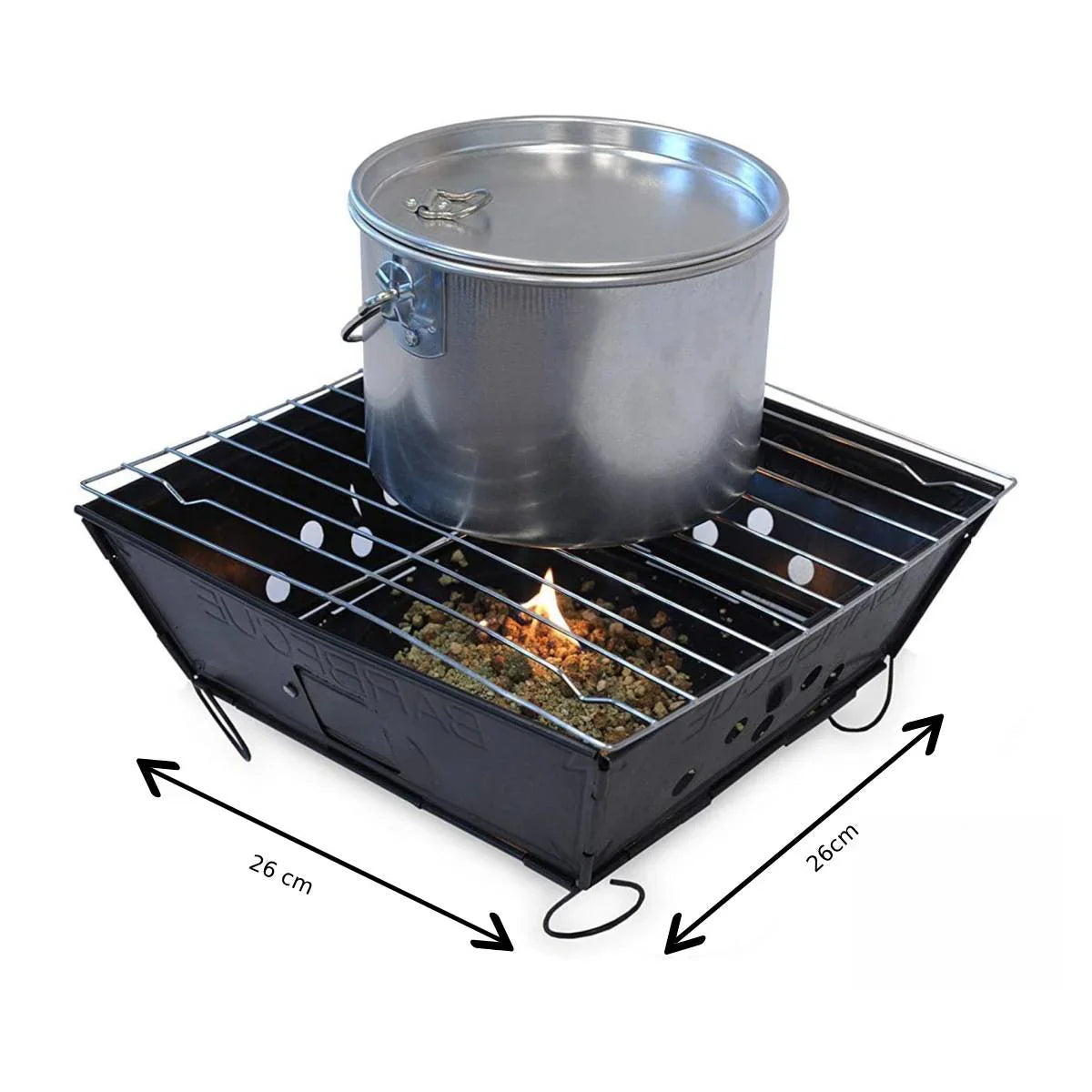 Small portable BBQ grill in black with a silver pot on top, featuring a compact design and adjustable grill grate for outdoor cooking