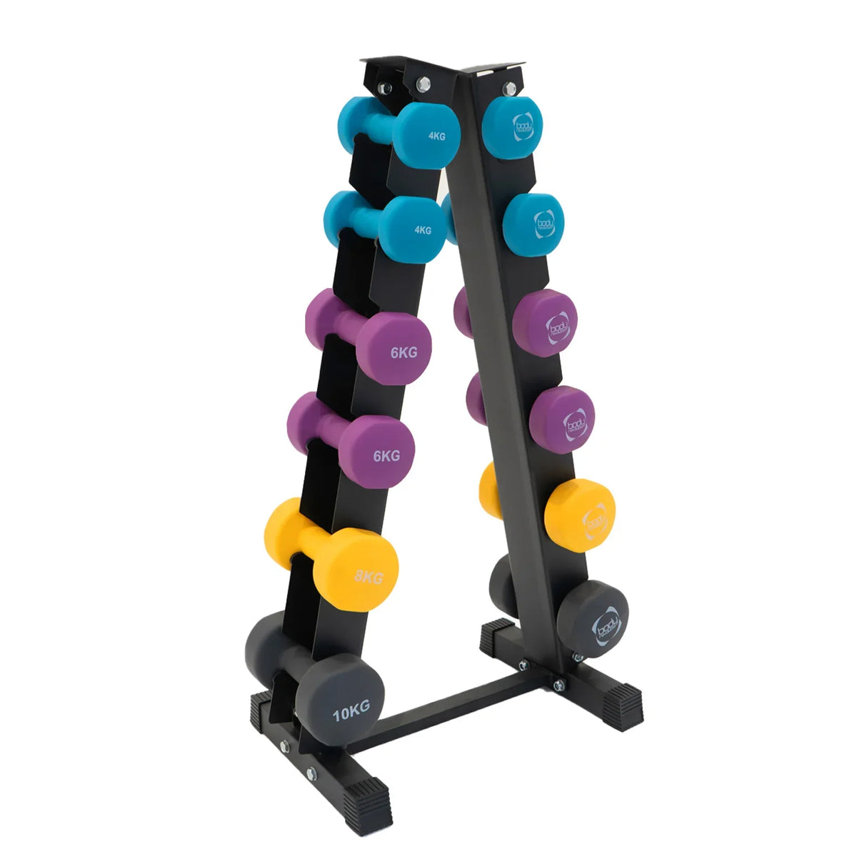 Colorful neoprene dumbbells in a sturdy rack, featuring weights of 4kg, 6kg, 8kg, and 10kg for versatile workouts