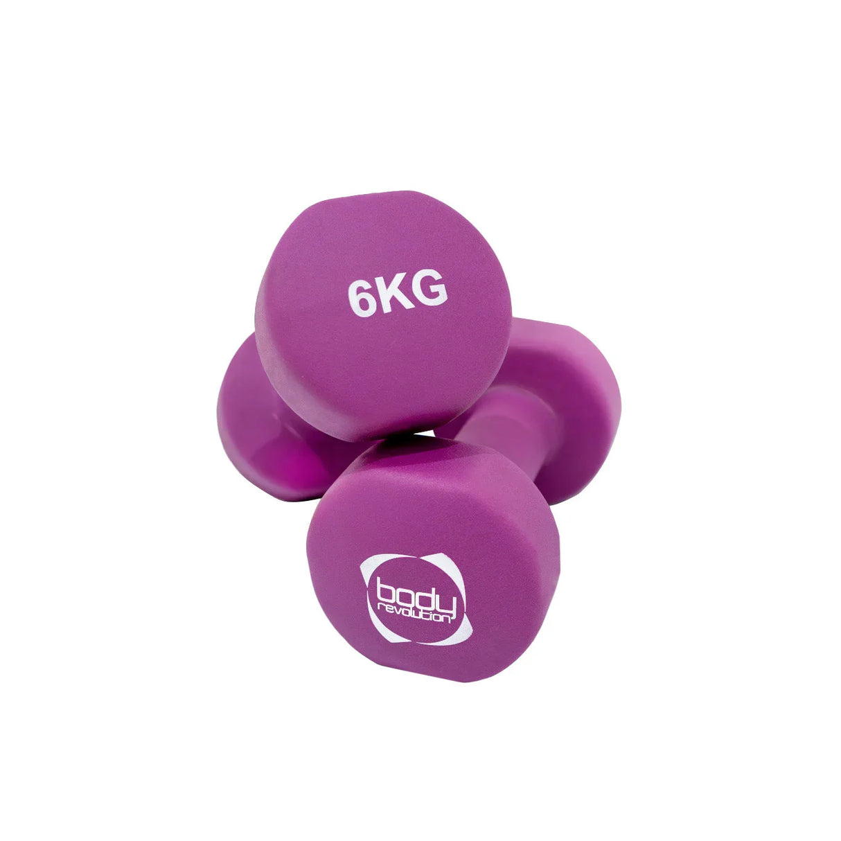 Purple neoprene dumbbells set, featuring a 6kg weight, hexagonal shape for stability, and a smooth, textured grip for comfort
